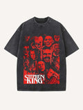 Distressed Washed Halloween Horror Print Round Neck T-shirt