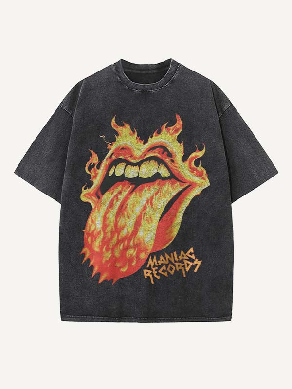 Distressed Washed Fire Tongue Print Round Neck T-shirt