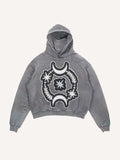 Distressed Washed Moon&Star&Eye Faux Decal Print Slant Pockets Hoodie