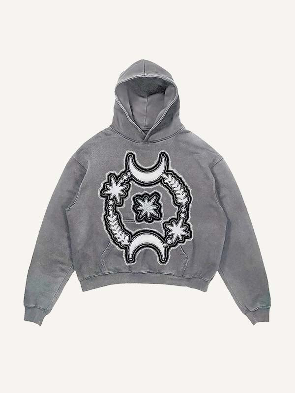 Distressed Washed Moon&Star&Eye Faux Decal Print Slant Pockets Hoodie