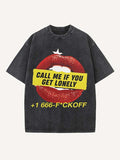 Distressed Washed Lips&Letter Print Round Neck T-shirt