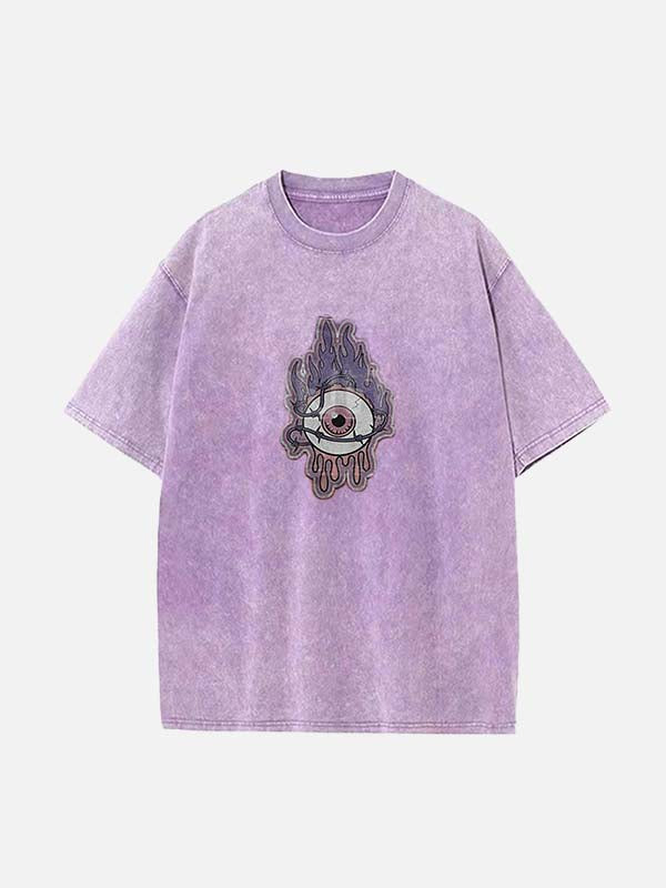 Distressed Washed Eyeball&Fire&Eye Faux Decal Print Round Neck T-shirt