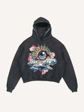 Distressed Washed Eye&Cloud&Moon&Graphic Print Slant Pockets Hoodie