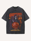Distressed Washed Halloween Horror Print Round Neck T-shirt