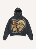 Distressed Washed Die For You Skull Faux Decal Print Slant Pockets Hoodie