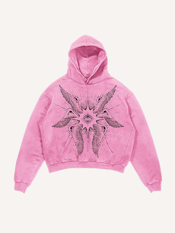 Distressed Washed Wing&Eye&Graphic Print Slant Pockets Hoodie