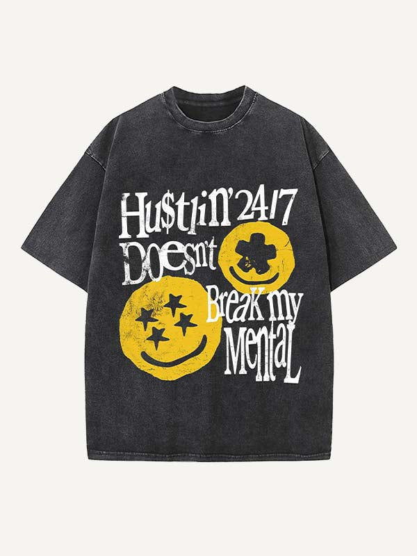 Distressed Washed Smiley Face&Graphic&Letter Print Round Neck T-shirt