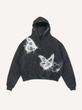 Distressed Washed Butterfly Print Slant Pockets Hoodie