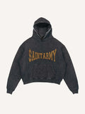 Distressed Washed Figure&Wing&Letter Print Slant Pockets Hoodie