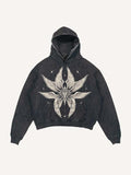 Distressed Washed Wing&Eye Print Slant Pockets Hoodie
