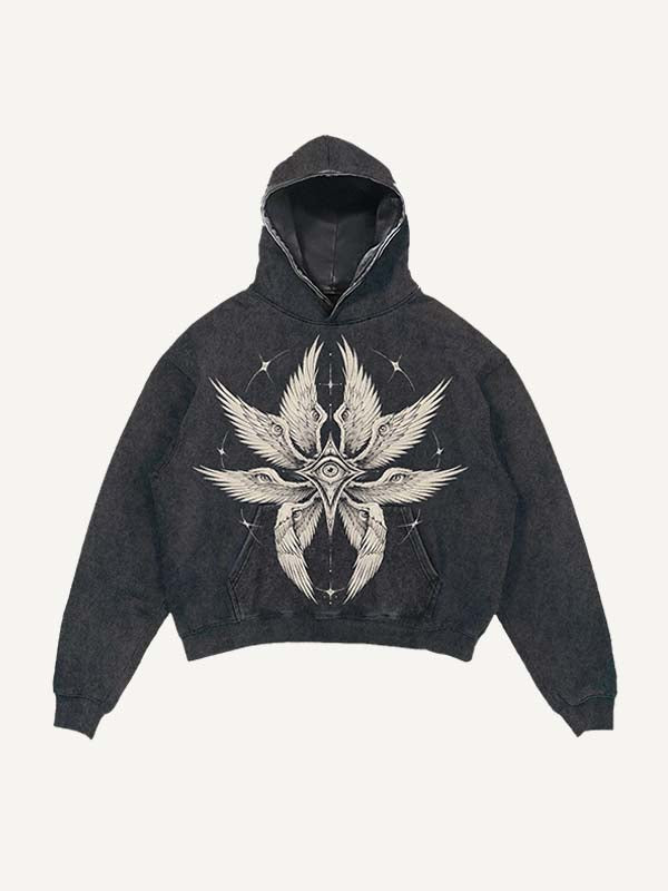 Distressed Washed Wing&Eye Print Slant Pockets Hoodie