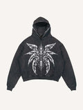 Distressed Washed Eye&Wing Print Slant Pockets Hoodie