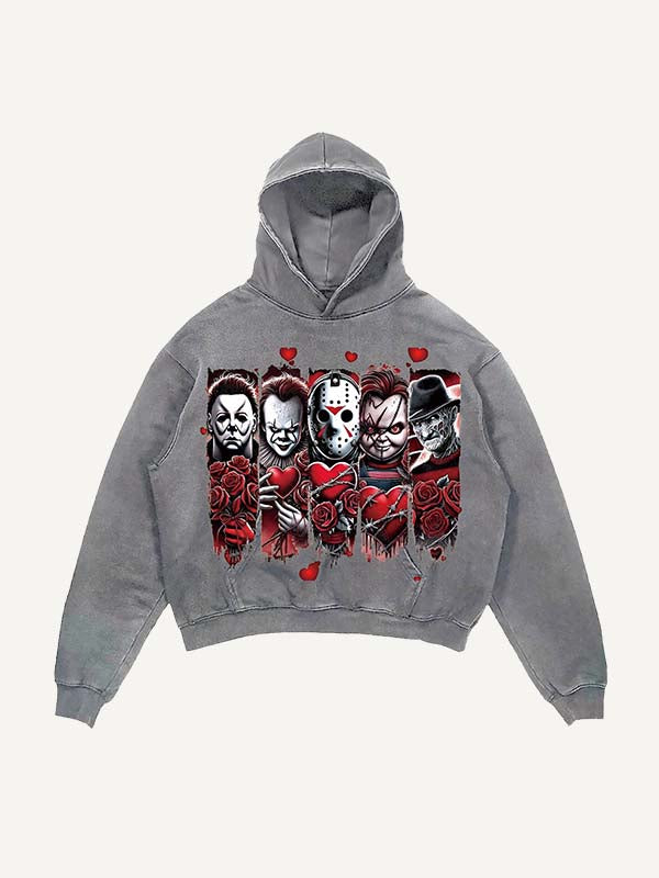 Distressed Washed Christmas Horror Print Slant Pockets Hoodie