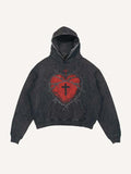 Distressed Washed Cross&Heart Print Slant Pockets Hoodie