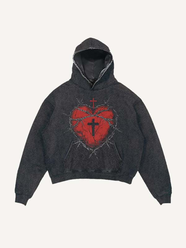 Distressed Washed Cross&Heart Print Slant Pockets Hoodie