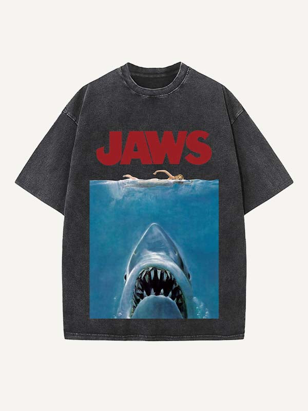 Distressed Washed Figure&Shark&Letter Print Round Neck T-shirt