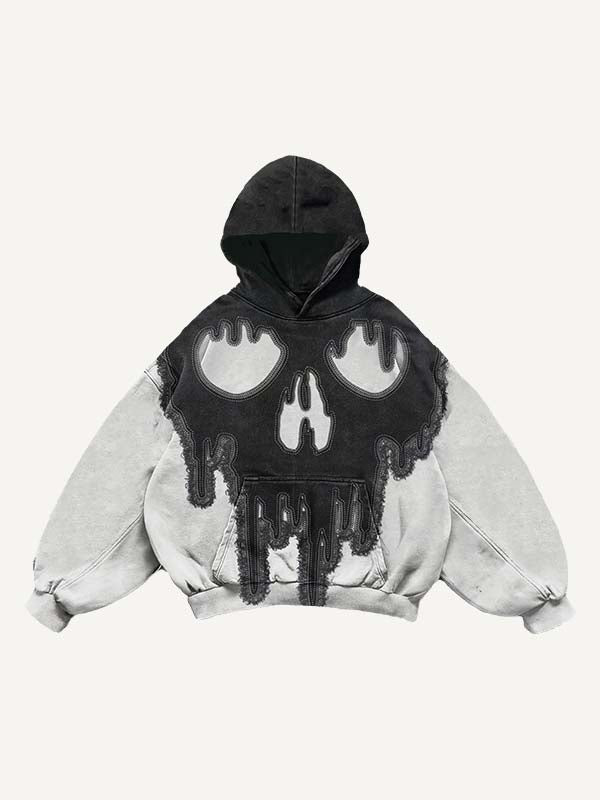Colorblock Skull Print Slant Pockets Hoodie