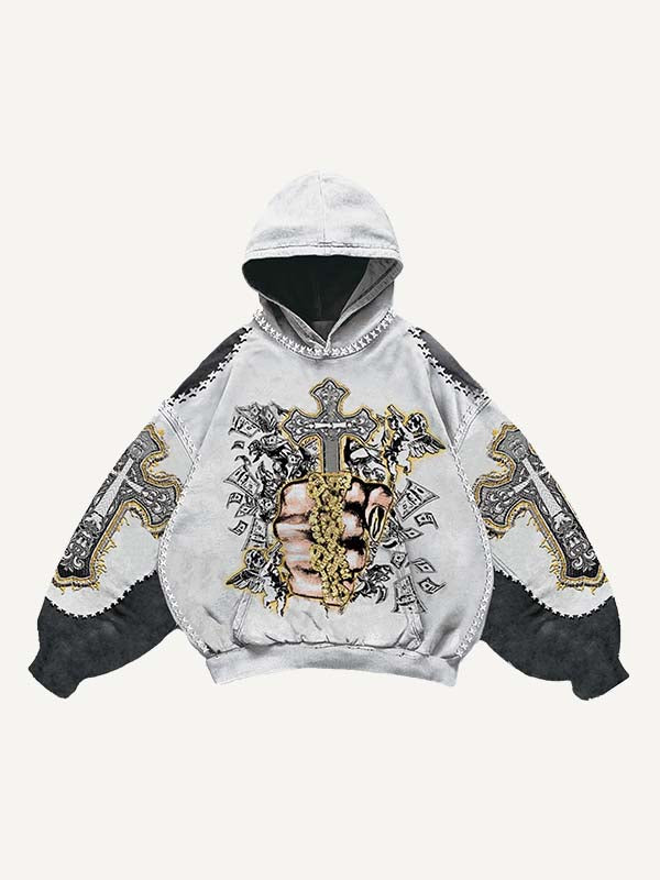 Colorblock Palm&Cross&Letter&Angel&Money Faux Decal Print Slant Pockets Hoodie