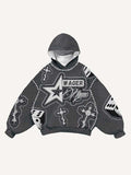 Eye&Cross&Dice&Star Faux Decal Print Slant Pockets Hoodie