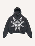 Distressed Washed Eye&Wing Print Slant Pockets Hoodie