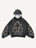 Cross&Angel&Wing&Letter Faux Decal Print Slant Pockets Hoodie