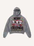Distressed Washed Christmas Horror Print Slant Pockets Hoodie