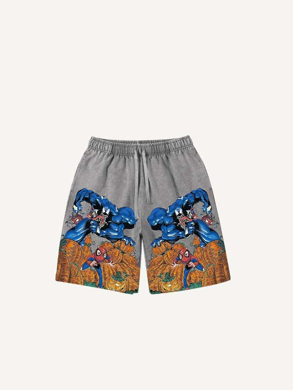 Distressed Washed Venom&Spider-Man&Pumpkin Print Drawstring Waist Shorts