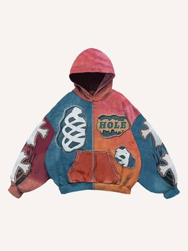 Colorblock Cross&Skeleton&Letter Faux Decal Print Slant Pockets Hoodie