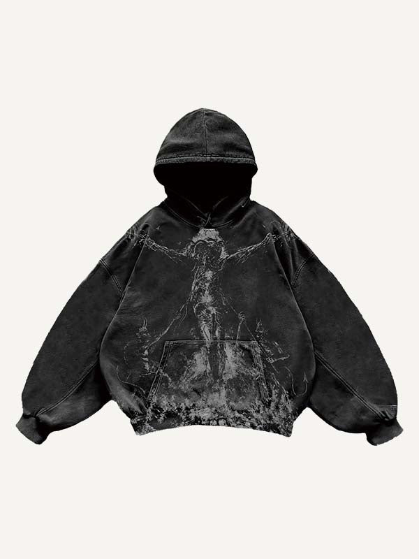 Demon Sacrifice Figure Print Slant Pockets Hoodie