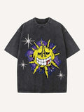 Distressed Washed Evil Sun&Moon&Cloud&Graphic Print Round Neck T-shirt