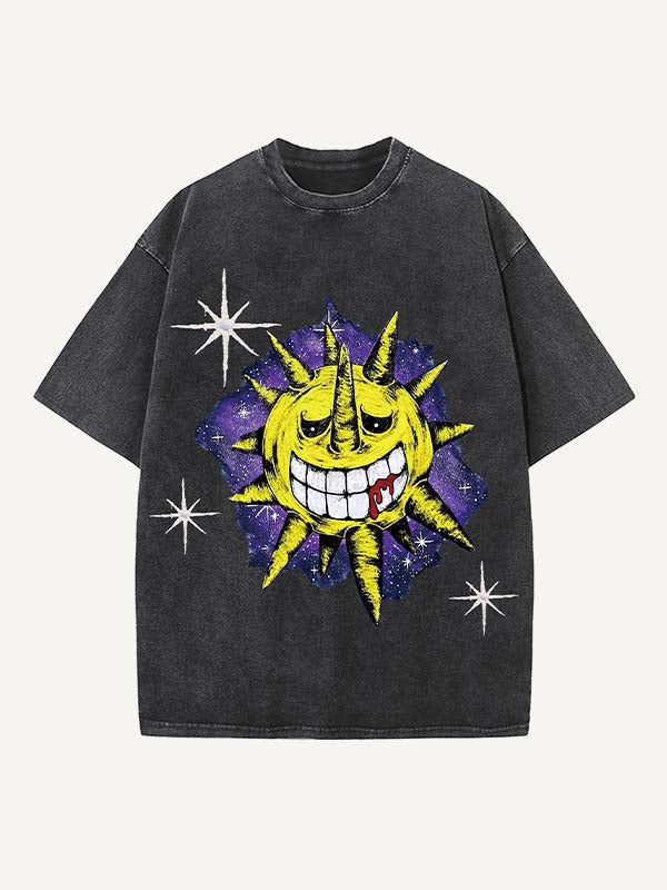 Distressed Washed Evil Sun&Moon&Cloud&Graphic Print Round Neck T-shirt