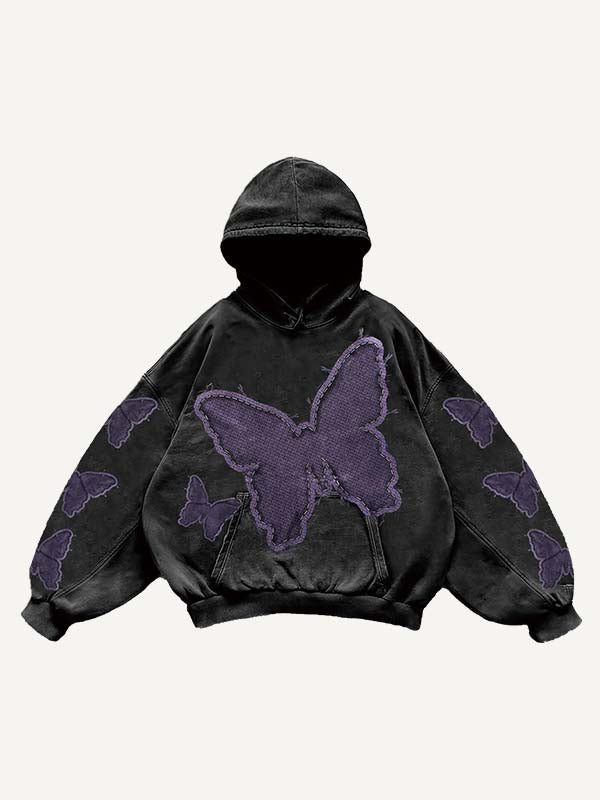 Butterfly Faux Decal Print Slant Pockets Hoodie