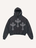 Distressed Washed Wing&Cross Faux Rhinestones Print Slant Pockets Hoodie