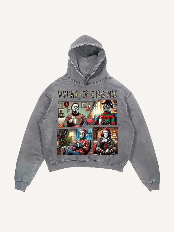 Distressed Washed Christmas Horror Print Slant Pockets Hoodie