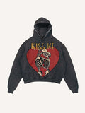Distressed Washed Skeleton&Kiss Me Print Slant Pockets Hoodie