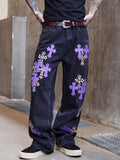 Cross Leather Patchwork Straight Jeans