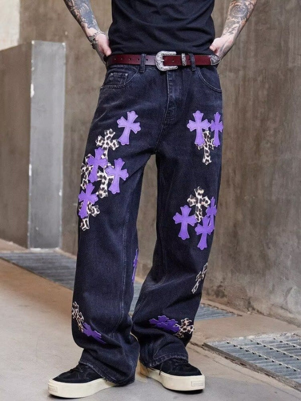Cross Leather Patchwork Straight Jeans