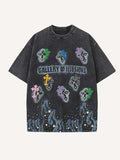 Distressed Washed Cross&Fire&Letter&Graphic Print Round Neck T-shirt