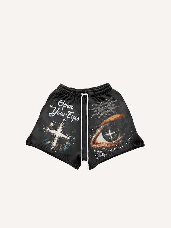 Eye&Fire&Letter Faux Rhinestones Print Drawstring Waist Shorts