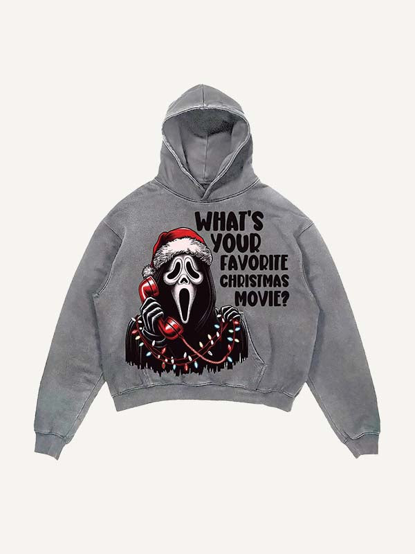 Distressed Washed Christmas Horror Print Slant Pockets Hoodie