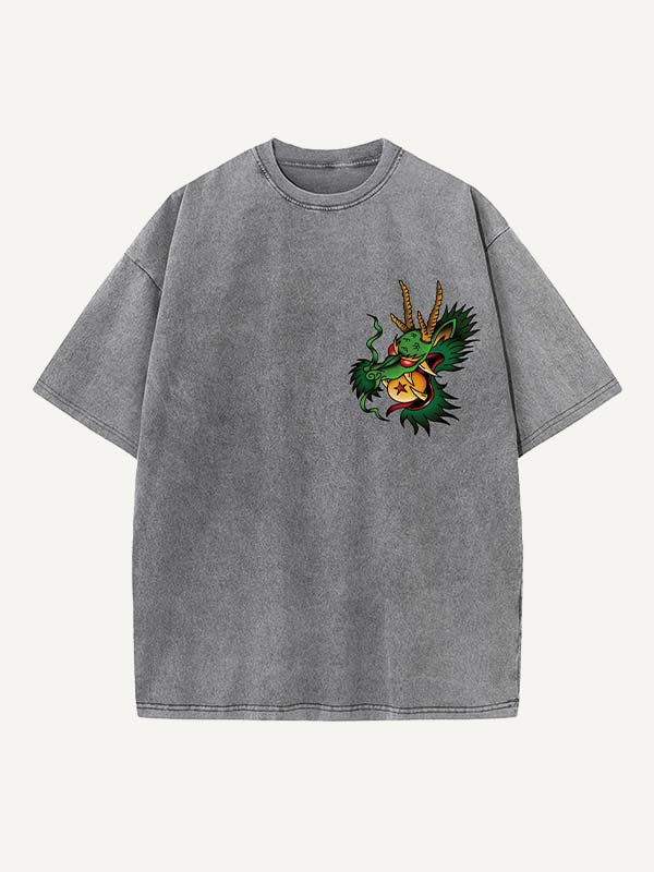 Distressed Washed Dragon&House&Graphic Print Round Neck T-shirt
