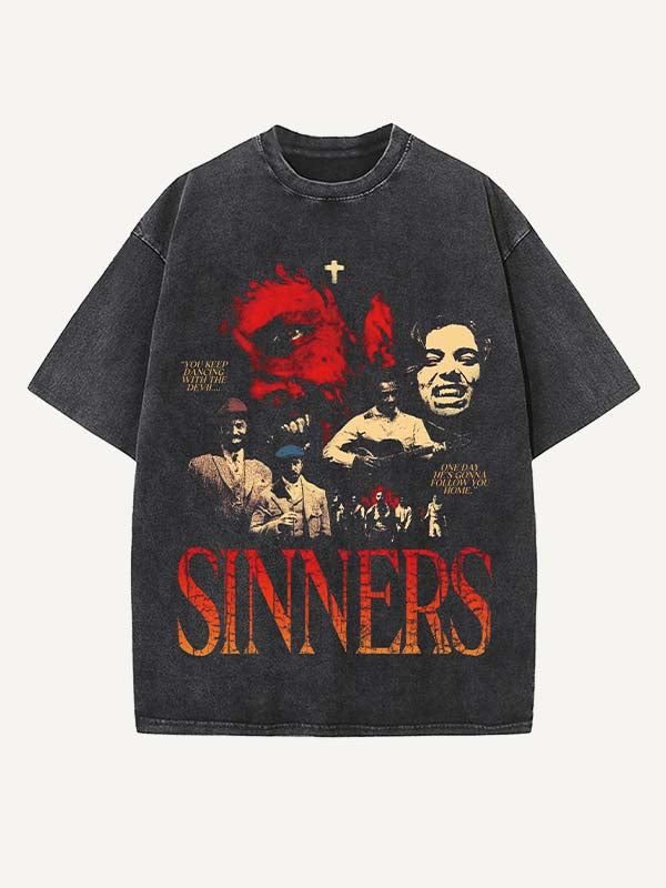 Distressed Washed Figure&Letter Print Round Neck T-shirt