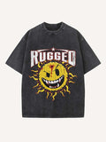 Distressed Washed Evil Sun&Letter Print Round Neck T-shirt