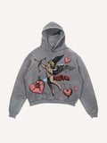 Distressed Washed Cupid&Heart Print Slant Pockets Hoodie