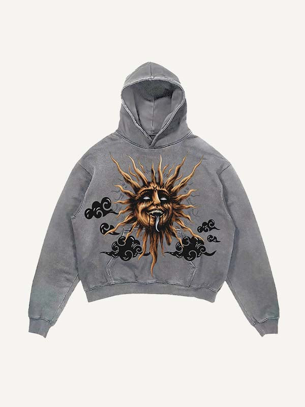 Distressed Washed Evil Moon&Sun&Cloud&Star Print Slant Pockets Hoodie
