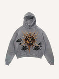 Distressed Washed Evil Moon&Sun&Cloud&Star Print Slant Pockets Hoodie
