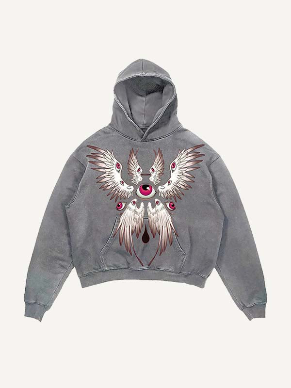 Distressed Washed Wing&Eye&Graphic Print Slant Pockets Hoodie
