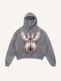 Distressed Washed Wing&Eye&Graphic Print Slant Pockets Hoodie
