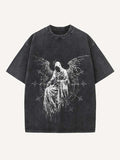 Distressed Washed Figure&Wing&Cross&Graphic Print Round Neck T-shirt