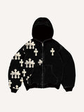 Cross Faux Decal Print Zip Up Hooded Coat